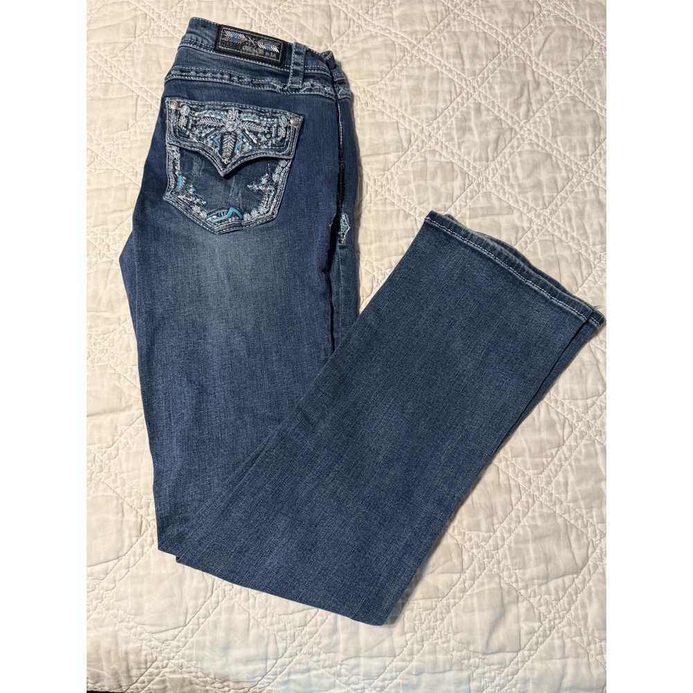Grace in LA Boot Cut Jeans Womens 29 Blue Embroidered Sequin Flap Pocket Denim